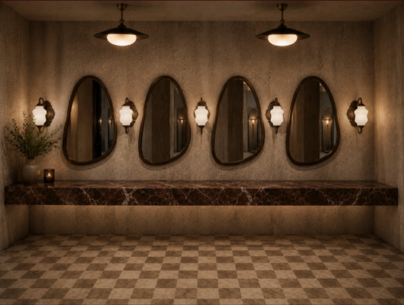 Calore Club powder room with individual vanities and mirrors