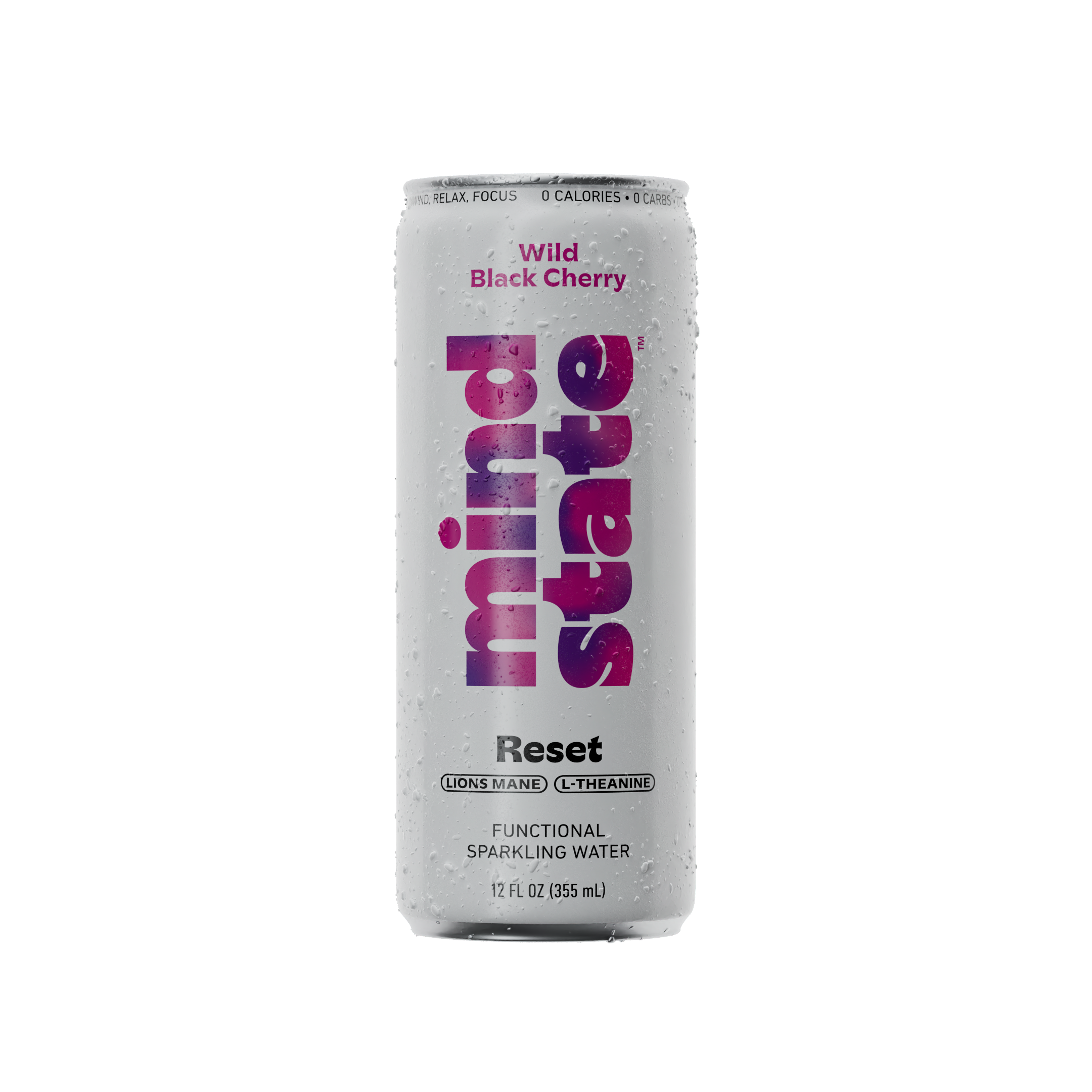 Reset Wild Black Cherry can — non-THC sparkling water with Lion's Mane and L-theanine from Mindstate