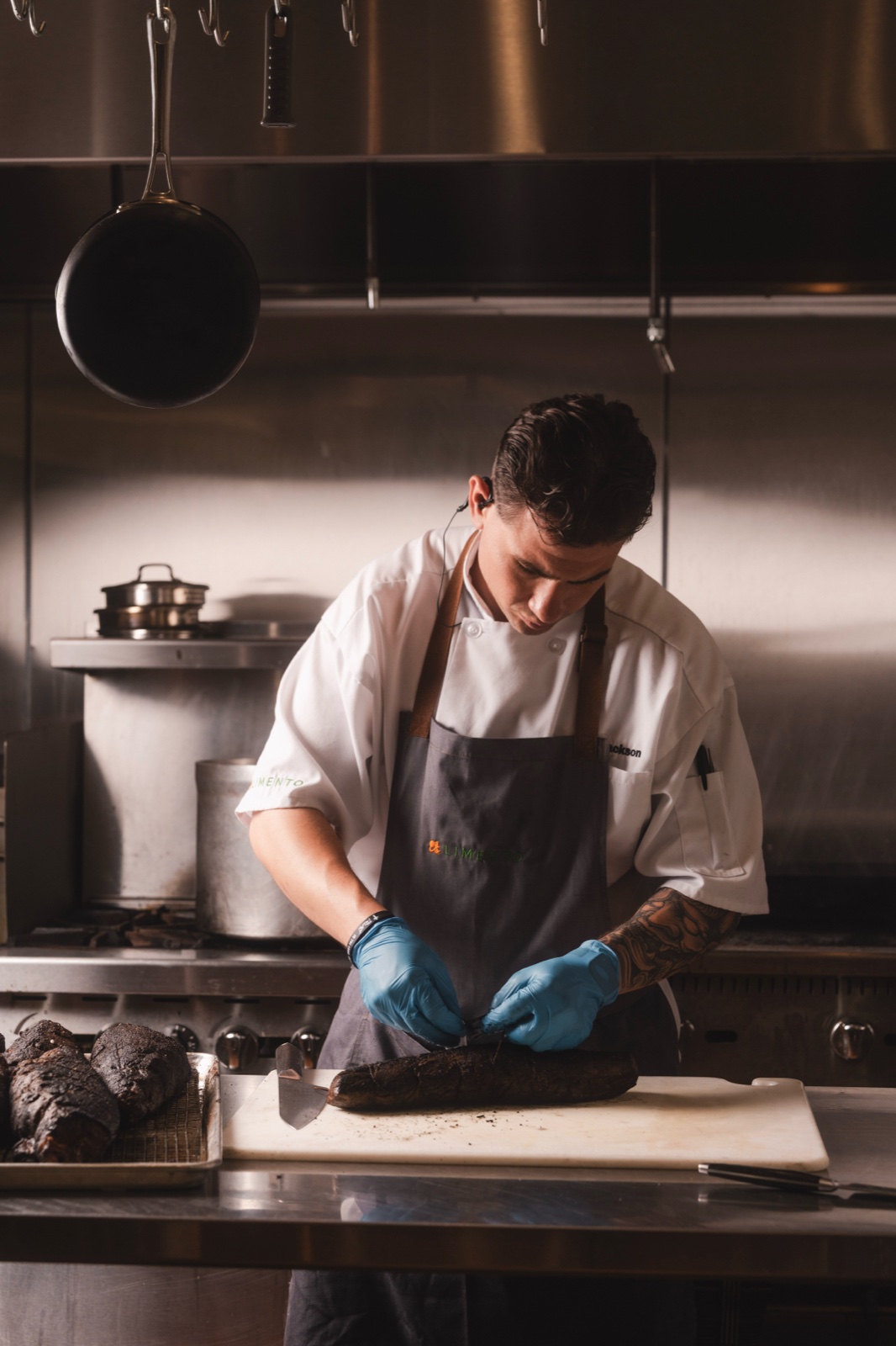 Chef plating a dish in a stainless kitchen