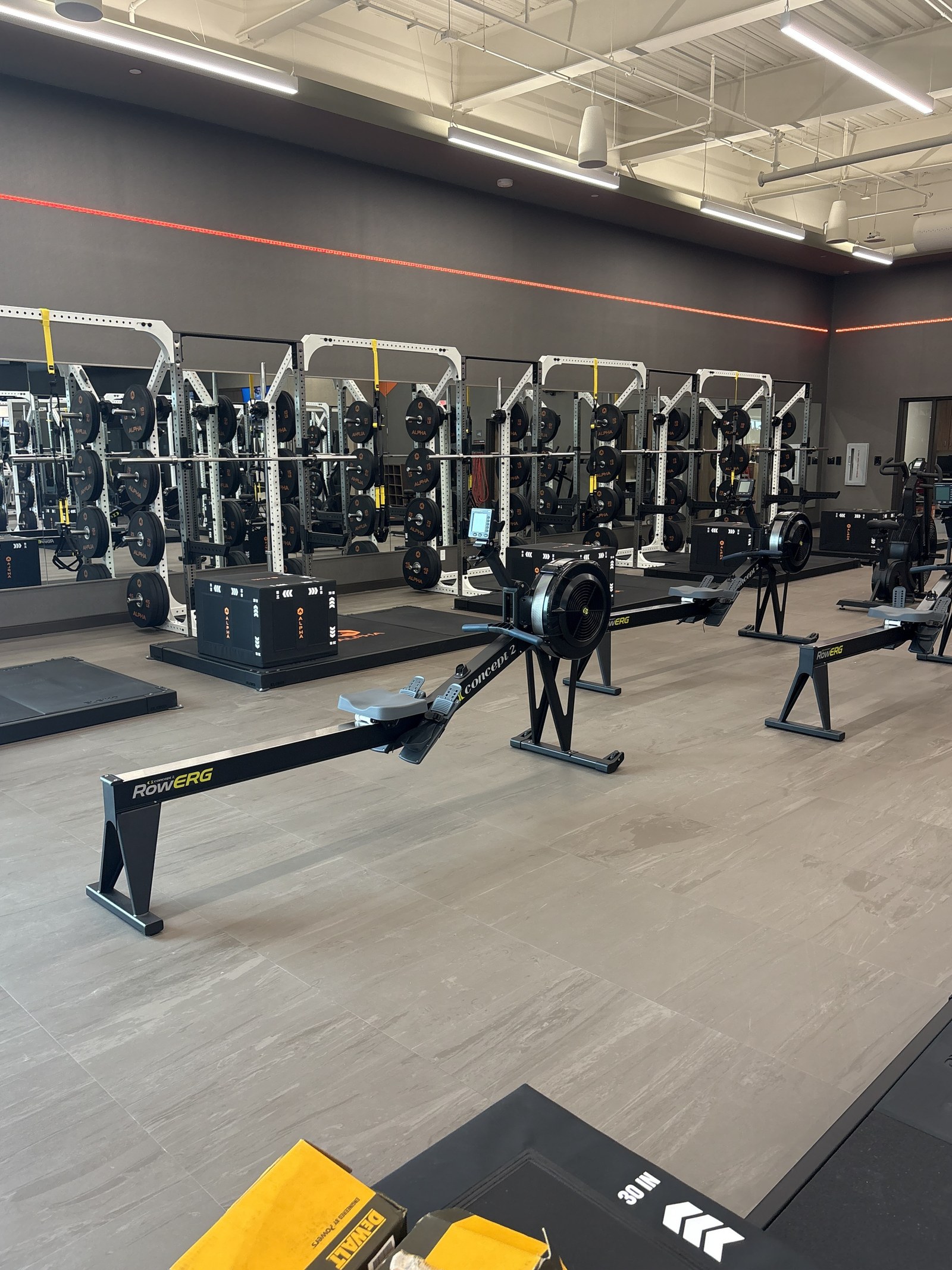 Squat racks, plyo boxes and rowing machines in the Alpha training area.
