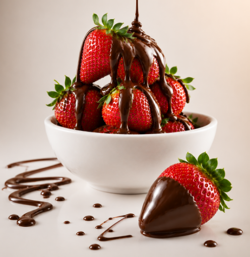 A white bowl of chocolate-dipped strawberries with melted chocolate being poured over them.